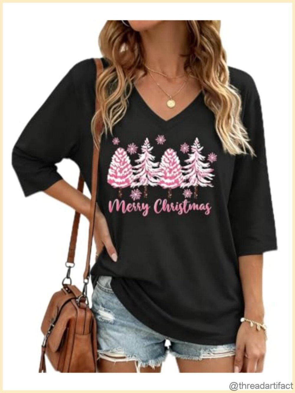 Womens 3/4 Sleeve V Neck Graphic T-Shirt Cotton Blend Fall Top